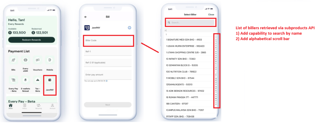JomPAY biller selection flow with searchable biller list